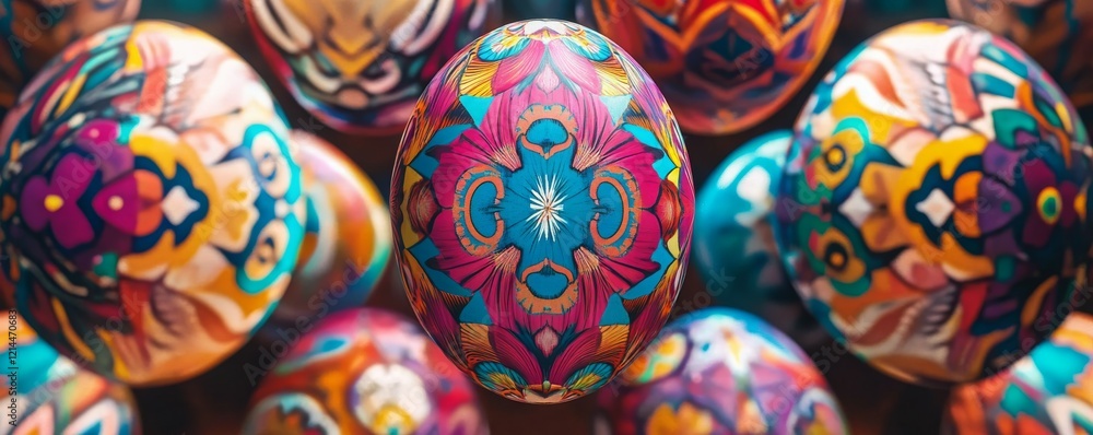 Intricate Easter egg pattern close-up with geometric and floral designs painted in bold vibrant colors, arranged symmetrically Intricate Easter egg pattern close-up with geometric and floral designs painted in bold vibrant colors, arranged symmetrically