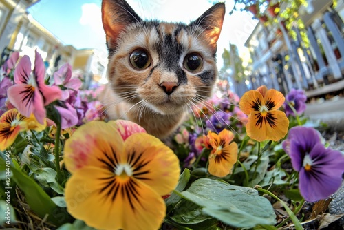 Curious Cat in Colorful Flower Garden photo