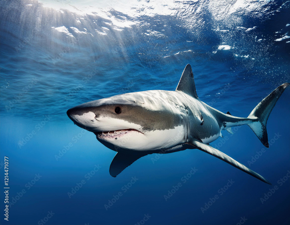 Naklejka premium A great white shark swims gracefully through deep blue ocean waters with sunlight streaming through the surface above.