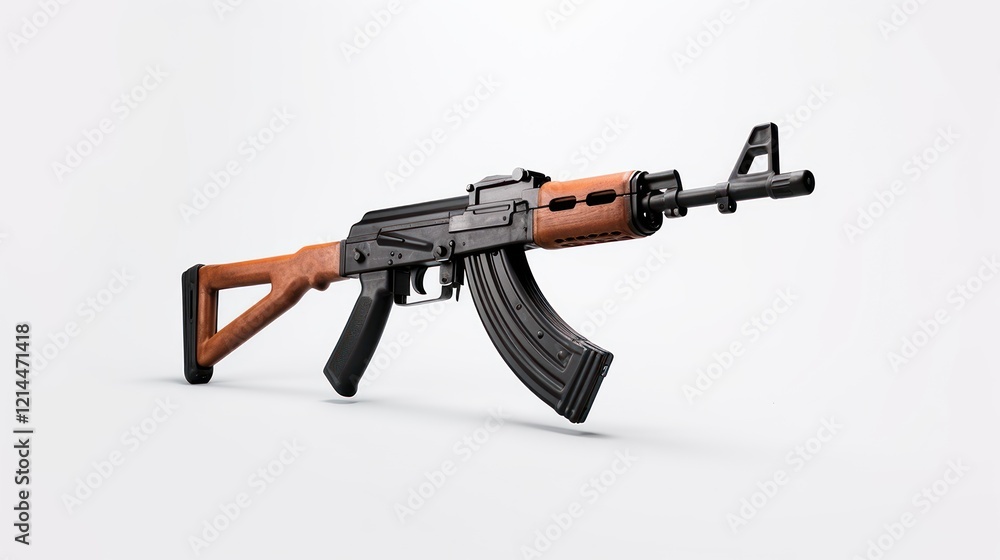 Modern black assault rifle with optical sight and red trigger, isolated on white background in studio setting Modern black assault rifle with optical sight and red trigger, isolated on white background in studio setting