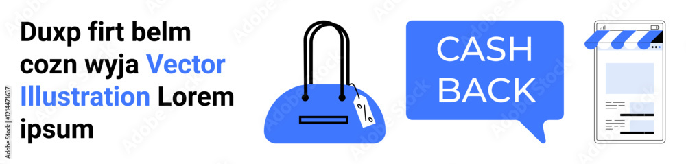 Online shopping interface featuring a handbag, cash back notification bubble, and mobile storefront. Ideal for e-commerce, shopping apps, discounts, mobile commerce, marketing, promotions Online shopping interface featuring a handbag, cash back notification bubble, and mobile storefront. Ideal for e-commerce, shopping apps, discounts, mobile commerce, marketing, promotions