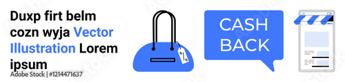 Online shopping interface featuring a handbag, cash back notification bubble, and mobile storefront. Ideal for e-commerce, shopping apps, discounts, mobile commerce, marketing, promotions