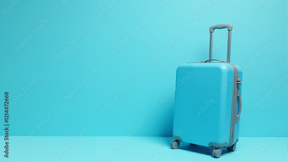 Bright blue suitcase resting against a vibrant turquoise background in a stylish interior Bright blue suitcase resting against a vibrant turquoise background in a stylish interior