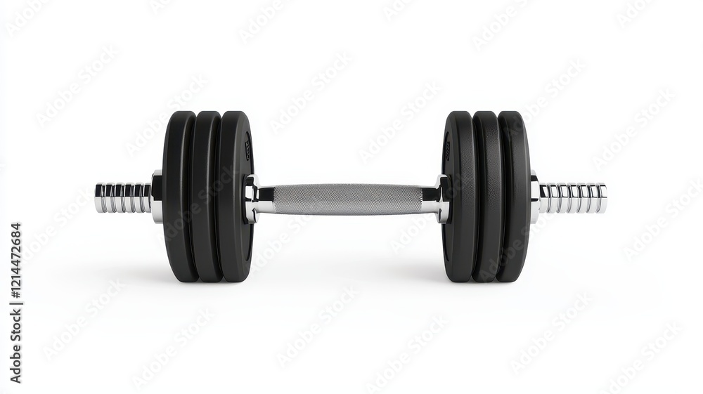 Dumbbell with black weights on a white background, ideal for fitness and strength training imagery. Dumbbell with black weights on a white background, ideal for fitness and strength training imagery.