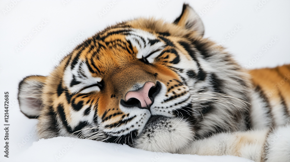 Fototapeta premium Close-up of an Amur tiger's face lying, isolated on a white background.