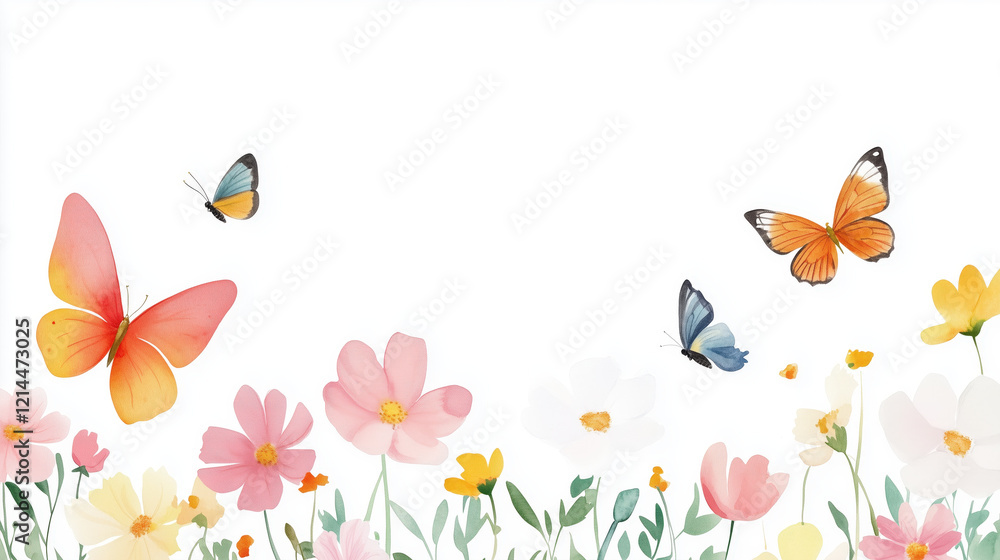 Fototapeta premium Beautiful watercolor butterflies and flowers in vibrant garden scene