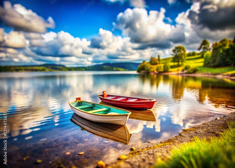 Obraz premium Miniature Lake Scene: Three Boats on Cloudy Shore