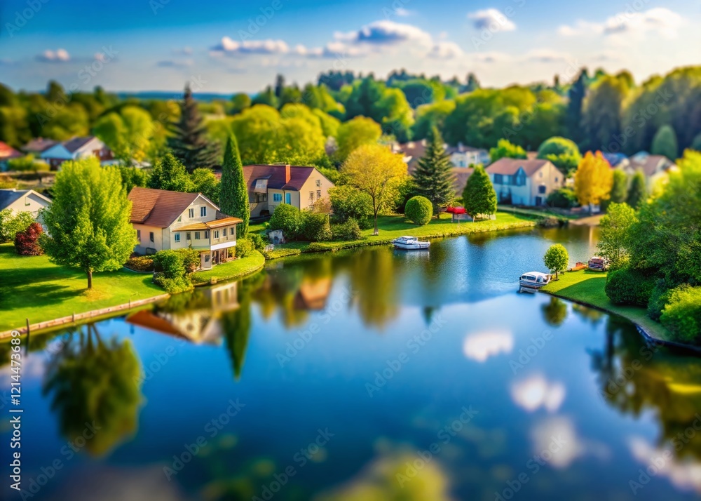 Miniature Lakeside Suburban Home, Idyllic Neighborhood, Tilt-Shift Photography Miniature Lakeside Suburban Home, Idyllic Neighborhood, Tilt-Shift Photography