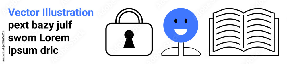 Fototapeta premium Lock icon, smiling face, open book, and placeholder text. Ideal for security, education, communication, literature emotion use privacy and digital learning. Landing page