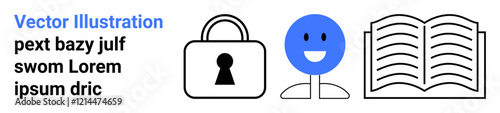Lock icon, smiling face, open book, and placeholder text. Ideal for security, education, communication, literature emotion use privacy and digital learning. Landing page
