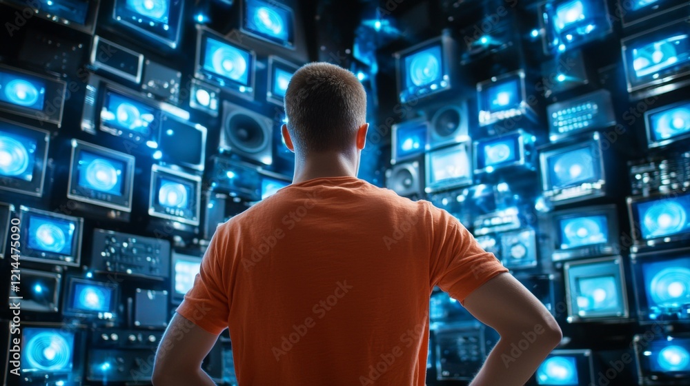 Man Overwhelmed by Wall of Screens Media Overload Technology Digital Age Man Overwhelmed by Wall of Screens Media Overload Technology Digital Age