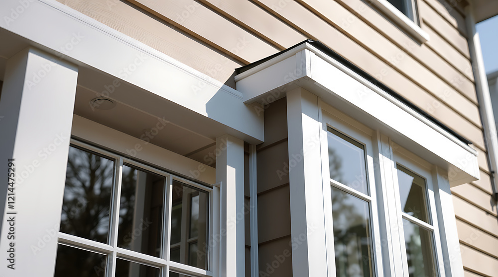 Modern Home Exterior: White Windows and Beige Siding. High-quality architecture and design details. Real Estate and home improvement concepts. Modern Home Exterior: White Windows and Beige Siding. High-quality architecture and design details. Real Estate and home improvement concepts.
