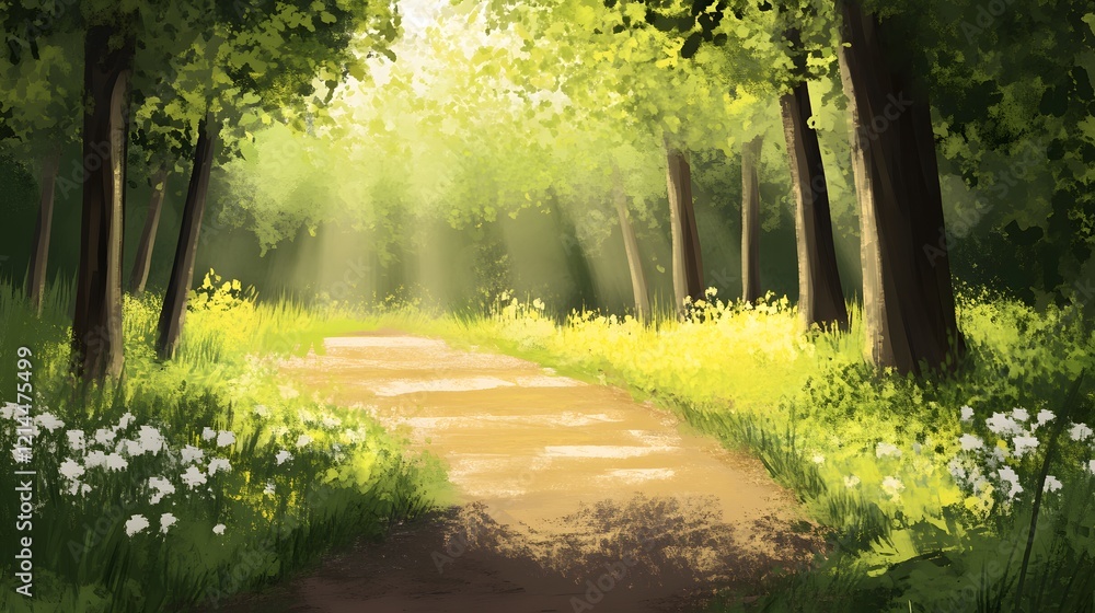Obraz premium Sunlit Forest Path Green Trees Summer Landscape Nature Trail