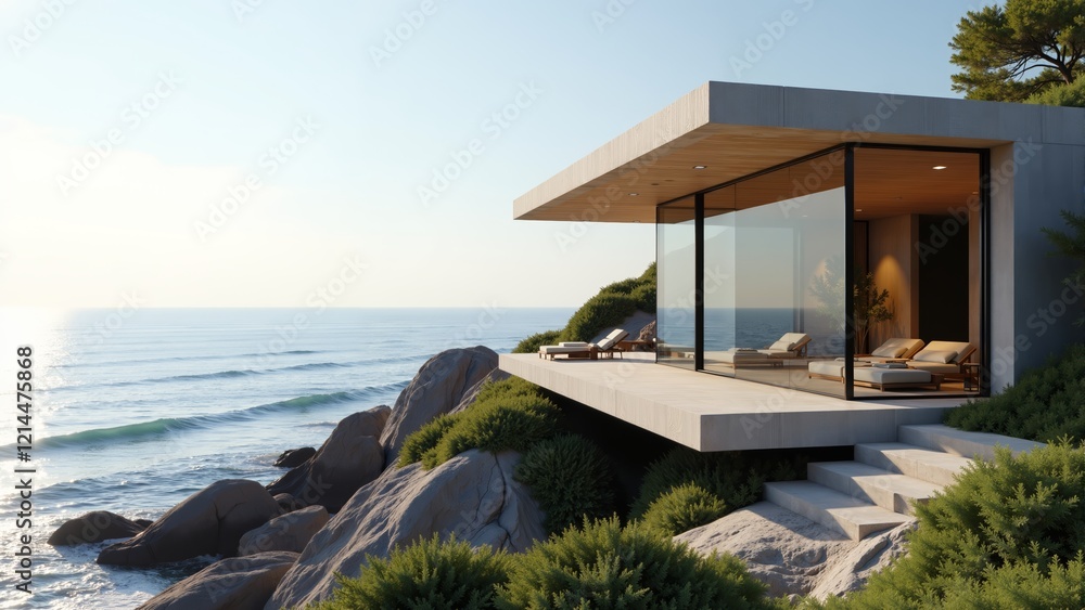 Fototapeta premium Modern beachfront home harmonizes with nature in a stunning coastal landscape