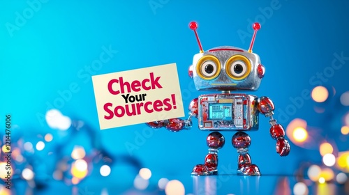 Retro Robot Holding Sign Promoting Fact Checking Reliable Sources
