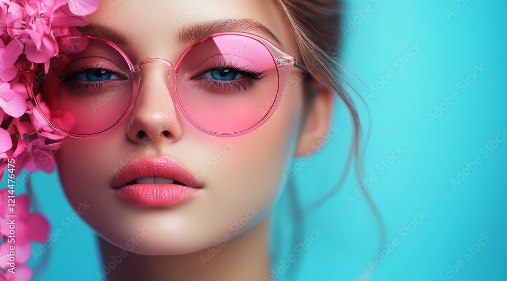 Close-up Portrait of a Beautiful Woman Wearing Pink Sunglasses with Pink Flowers Close-up Portrait of a Beautiful Woman Wearing Pink Sunglasses with Pink Flowers
