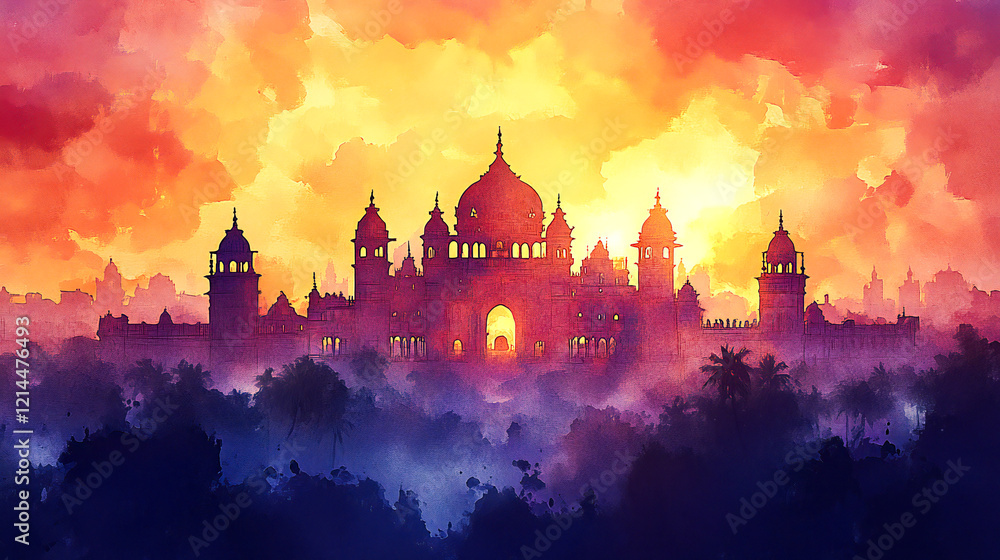 Fototapeta premium Watercolor illustration for mysore dasara with mysore palace silhouette