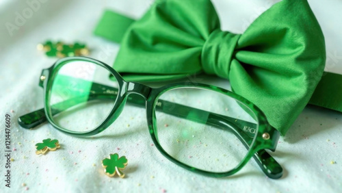 Green glasses, bow ties, and shamrock pins arranged neatly on a white fabric.