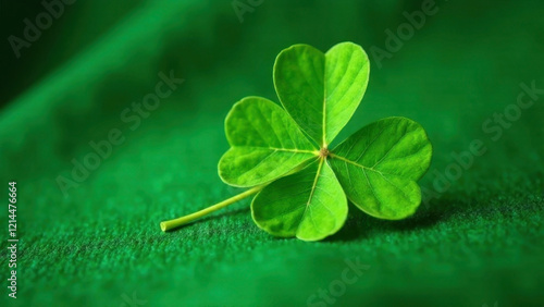 Large four-leaf clover resting on a vibrant green fabric. Copy space