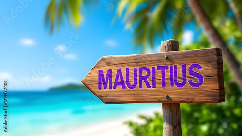 Mauritius wooden sign with beach background photo