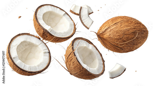 Falling coconuts pieces isolated on white background with clipping path, full depth of field photo