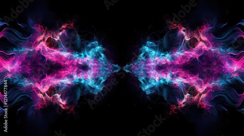 Abstract colorful smoke swirls, mirrored effect, dark background, visual art