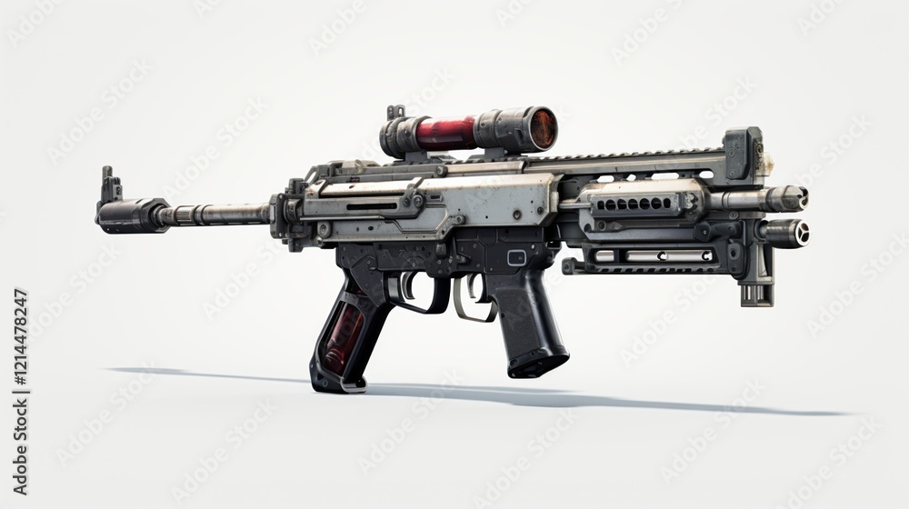 Modern black assault rifle with optical sight and red trigger, isolated on white background in studio setting Modern black assault rifle with optical sight and red trigger, isolated on white background in studio setting