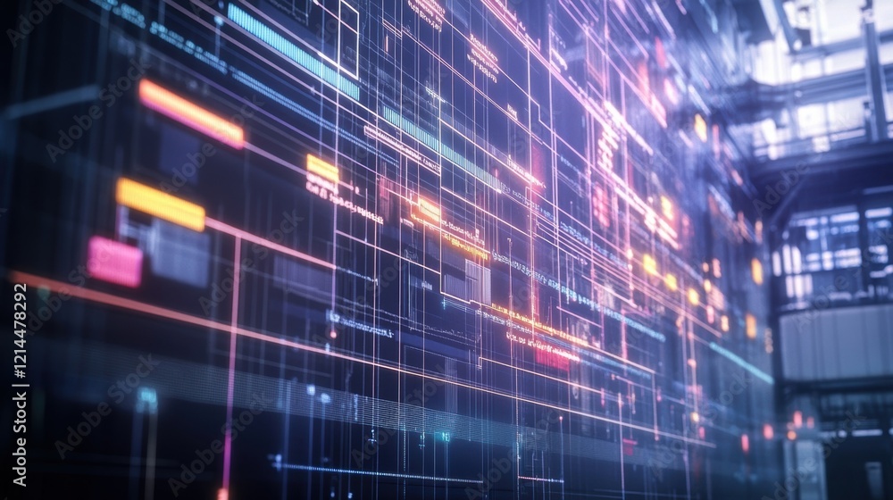 Glowing lines of code and data flow across a futuristic server room display, visualizing complex information processing and analysis in a high tech environment Glowing lines of code and data flow across a futuristic server room display, visualizing complex information processing and analysis in a high tech environment