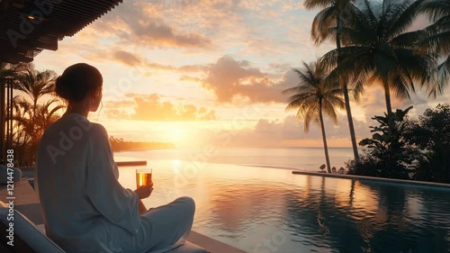 A woman in a white robe relaxing by an infinity pool, holding a glass of tea while watching the serene tropical sunset with palm trees in the background.