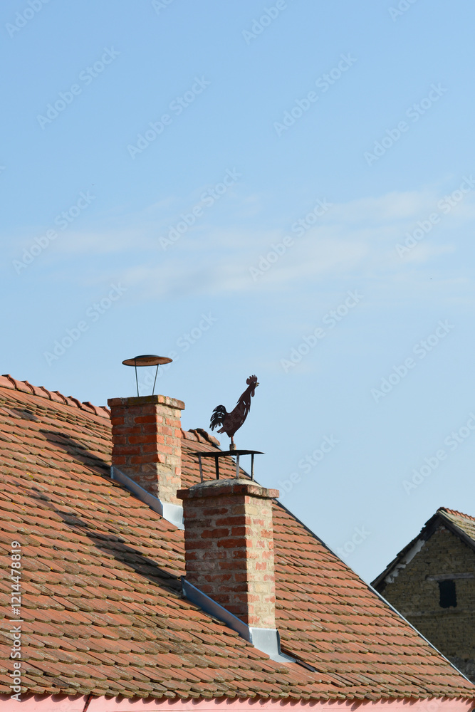 Two chimneys with red tiled roofs, one of which has a metal rooster weather vane, under a blue sky Two chimneys with red tiled roofs, one of which has a metal rooster weather vane, under a blue sky