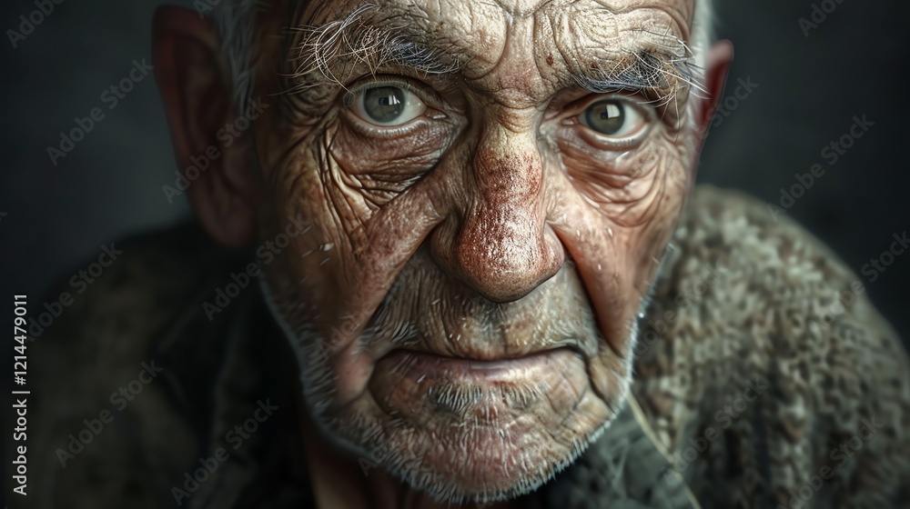 A close-up portrait of an elderly man, showing his wrinkled face and piercing eyes. A close-up portrait of an elderly man, showing his wrinkled face and piercing eyes.