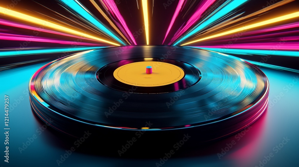Vinyl record illuminated by vibrant neon lights. Vinyl record illuminated by vibrant neon lights.
