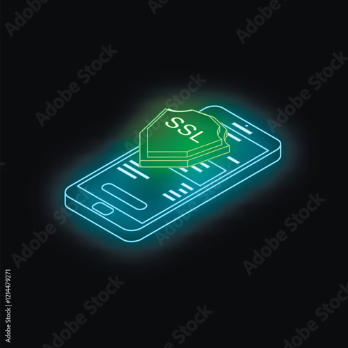 Neon green shield with ssl letters over blue neon smartphone ensuring secure transaction