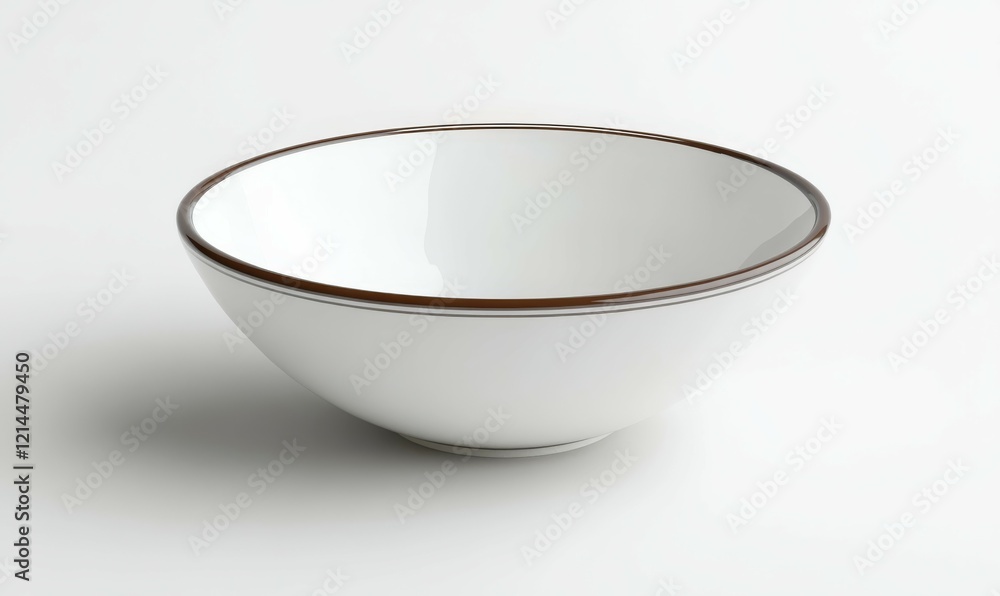 White bowl with brown rim on white surface White bowl with brown rim on white surface