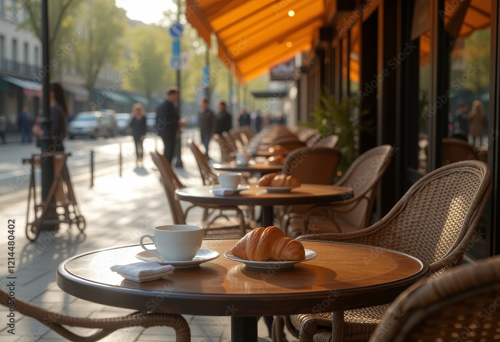 Outdoor café table with croissants and coffee. Outdoor café table with croissants and coffee.