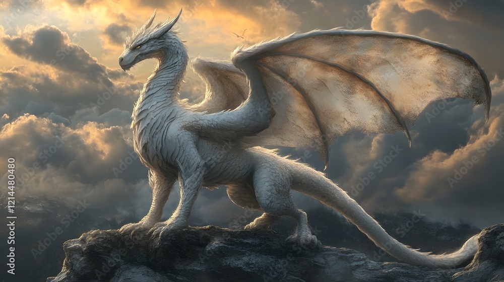 Fototapeta premium Majestic White Dragon on Mountain Peak at Sunset