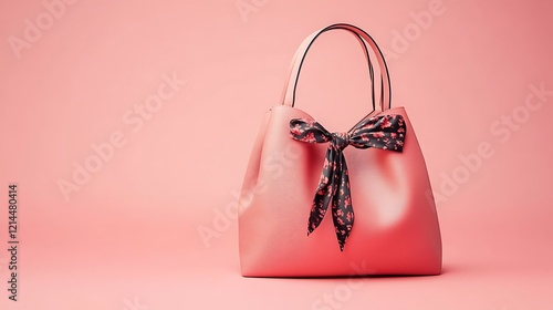 Classic handbag with scarf tied to the handle on a pink background photo