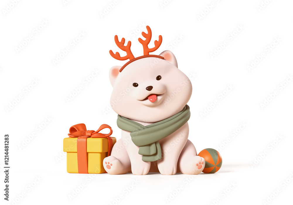 Obraz premium Cute funny fluffy cartoon samoyed puppy, smiling face, tongue sticking out of mouth, wears red reindeer antlers, green scarf sits playfully near yellow gift box. Front view. 3d render white background
