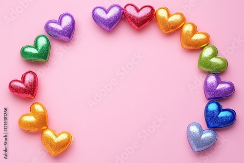 Colorful Glitter Hearts Arranged In A Circle On Pink photo