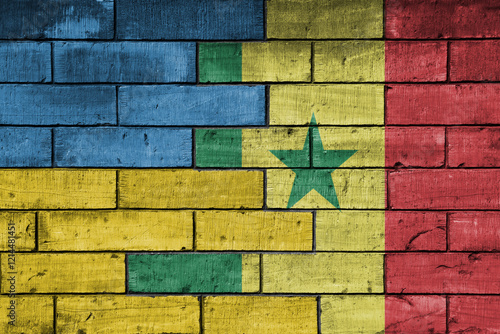 colourful painted big flag of ukraine and flag of senegal on a massive old brick wall background. concept