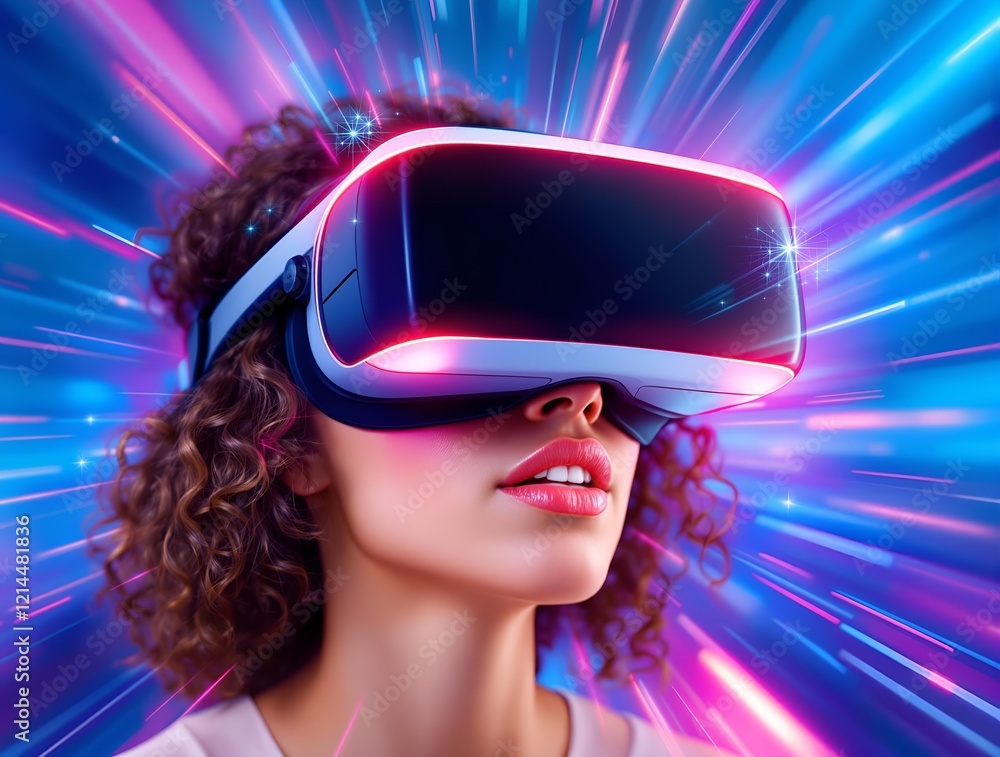 Amazed Young Woman in a VR Headset Exploring Virtual Reality Amazed Young Woman in a VR Headset Exploring Virtual Reality