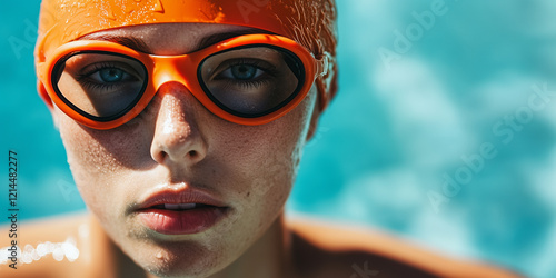 A a person with a swimmers cap with integrated swimming googles,banner mockup photo