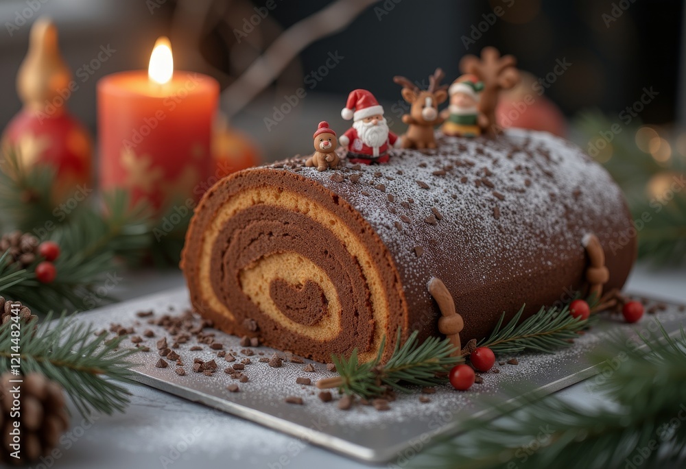 Yule log cake with snowman figurines and candles. Yule log cake with snowman figurines and candles.