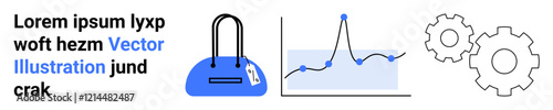 Digital lock icon, fluctuating statistical graph, and gears illustrating technical, secure business processes. Ideal for data analytics, cybersecurity, technological innovation, engineering, business