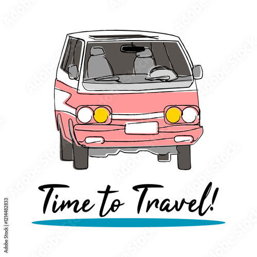 A vintage style poster with a minibus and lettering slogan: Time to Travel!. Hand drawn nostalgic flat art design. Vector Illustration.