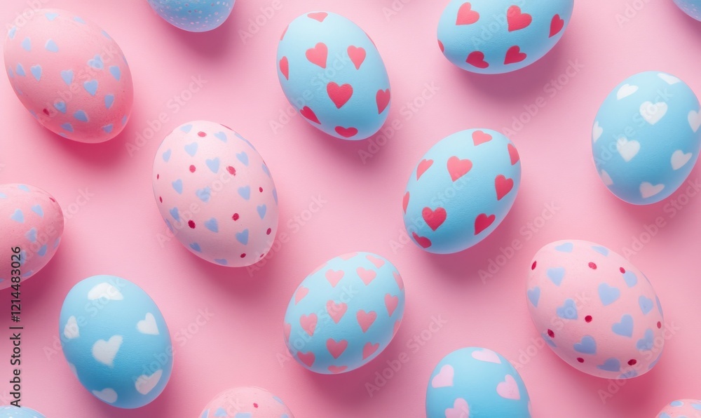 Collection of Precisely organized Eggs with Heart Patterns. Pink and Blue Easter Background. Collection of Precisely organized Eggs with Heart Patterns. Pink and Blue Easter Background.