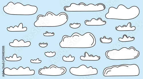 White clouds of different shapes and sizes in doodle style. Hand drawn clouds on a blue background. Vector illustration. Vector 