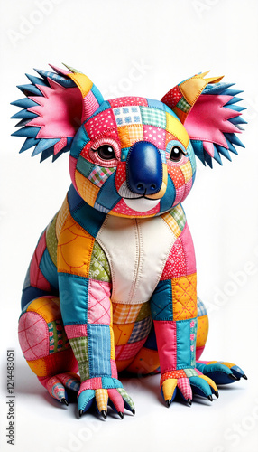 Colorful patchwork koala soft toy on white background, playful artistry