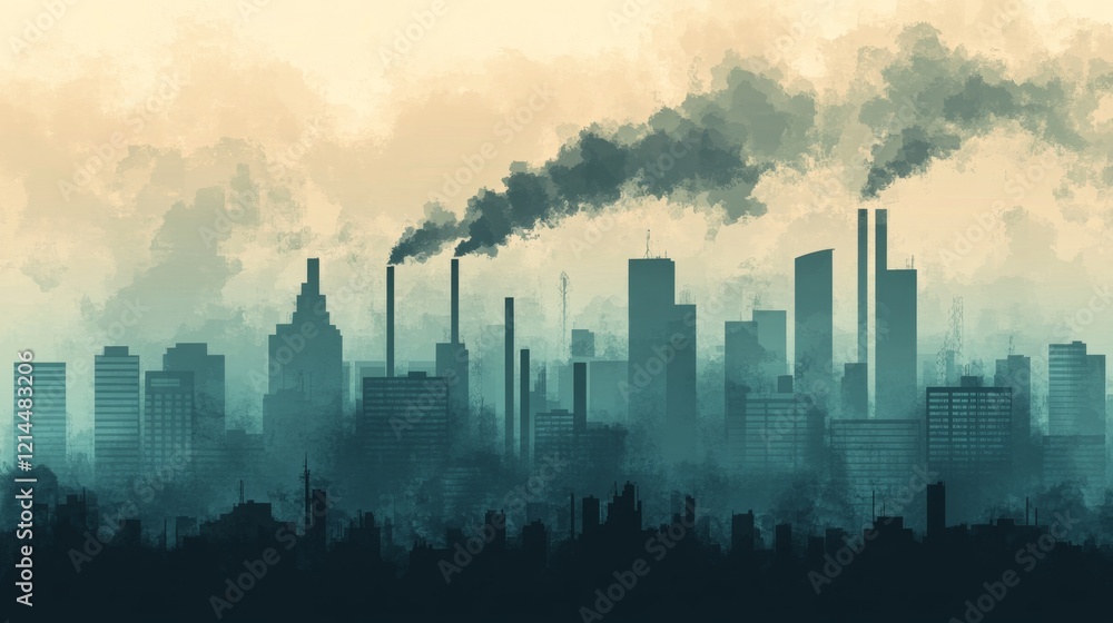 Fototapeta premium Urban Cityscape with Pollution and Smokestacks Silhouetted at Dusk