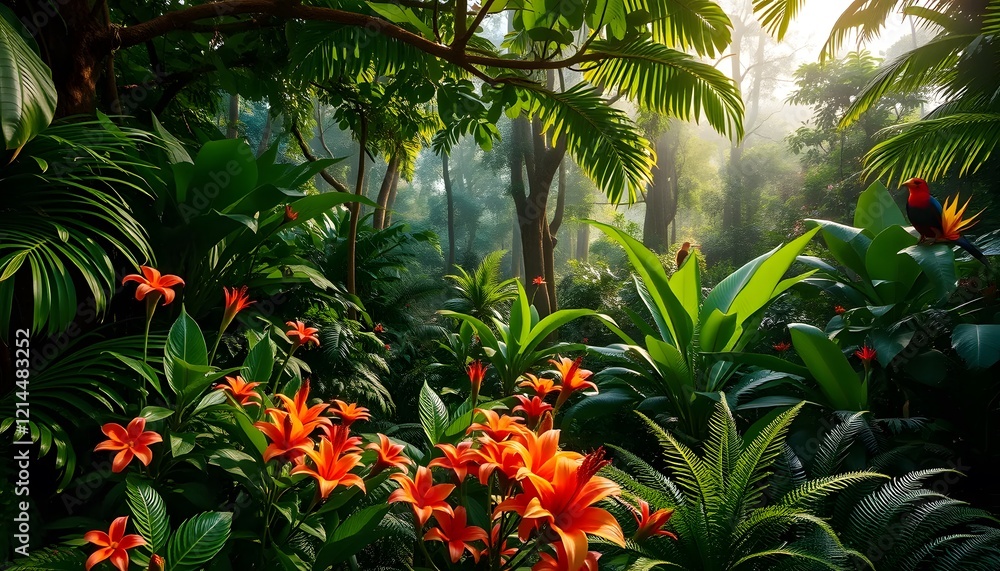 Lush Tropical Paradise: Vibrant Orange Lilies and Exotic Birds Amidst a Sun-Drenched Rainforest Lush Tropical Paradise: Vibrant Orange Lilies and Exotic Birds Amidst a Sun-Drenched Rainforest